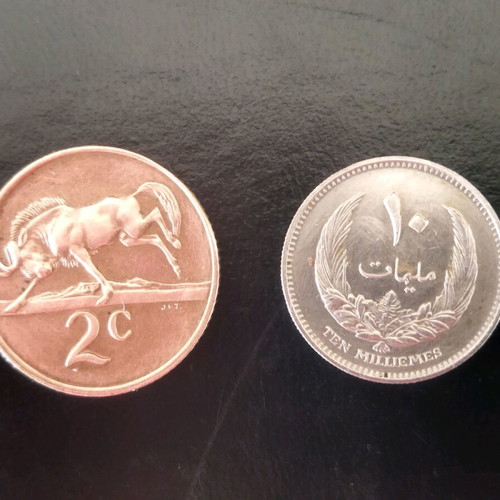 South Africa 2 Cents and Libya 10 Milliemes coins like new