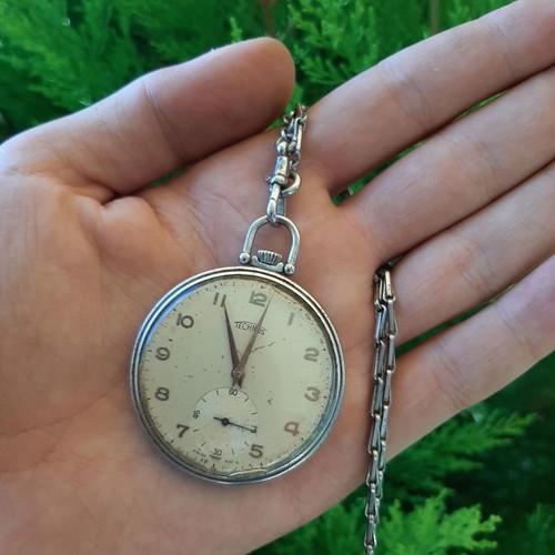 Pocket Watch Technos used, with silver chain, 1947, Swiss Made