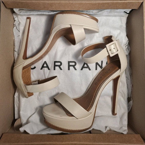 Caranno strapped heels used beige leather wedding shoes, 14 cm heel