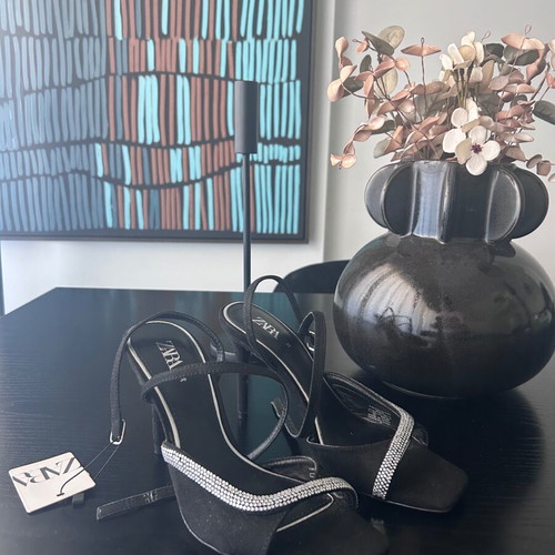 Zara Black High-Heeled Strappy Evening Sandals Size 38 New