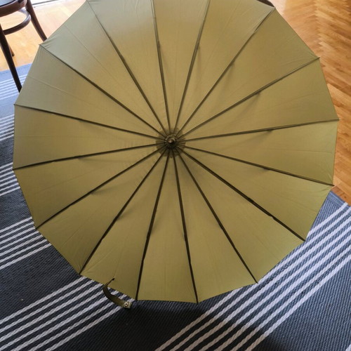 Windproof umbrella with 16 ribs, curved bone handle, automatic, green, new