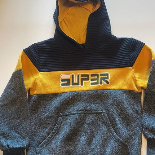 Children's hoodie sweatshirt, blue/grey/mustard, size 8