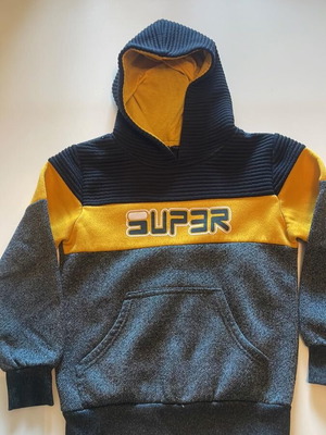 Children's hoodie sweatshirt, blue/grey/mustard, size 8