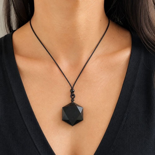 Handmade obsidian necklace with cord new, black