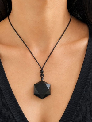 Handmade obsidian necklace with cord new, black