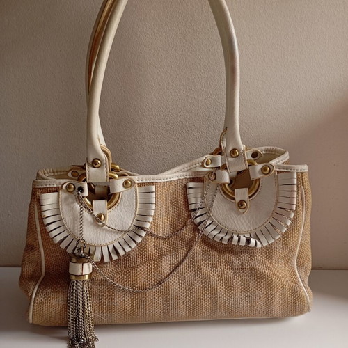 Luana rattan leather shoulder bag used, white beige