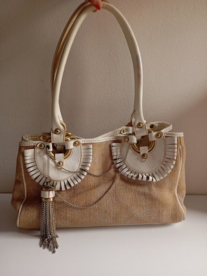 Luana rattan leather shoulder bag used, white beige