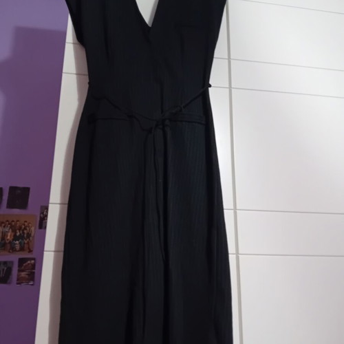 Zara black elastic cotton dress with deep V and front slit like new