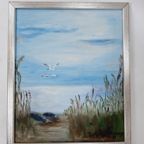Original Oil Painting 1991 Summer Landscape with Lake and Birds