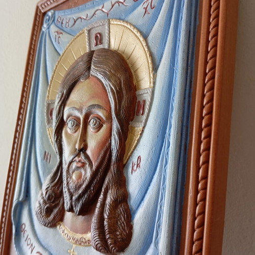 Jesus Holy Mandylion Painted Icon from Wax, Mastic and Incense New