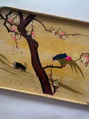Vintage wooden tray used with embossed handmade pheasant painting
