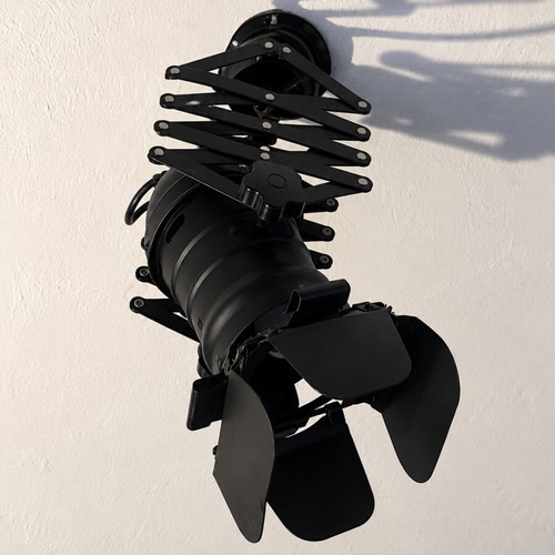 Industrial spotlight with scissor arm used, metal, black matte finish