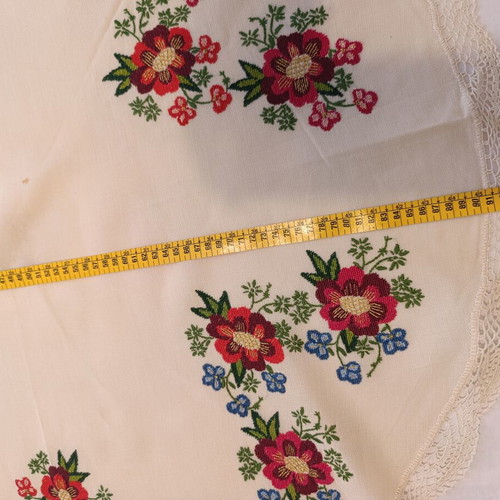 Hand-Embroidered Round Tablecloth with Handmade Lace used