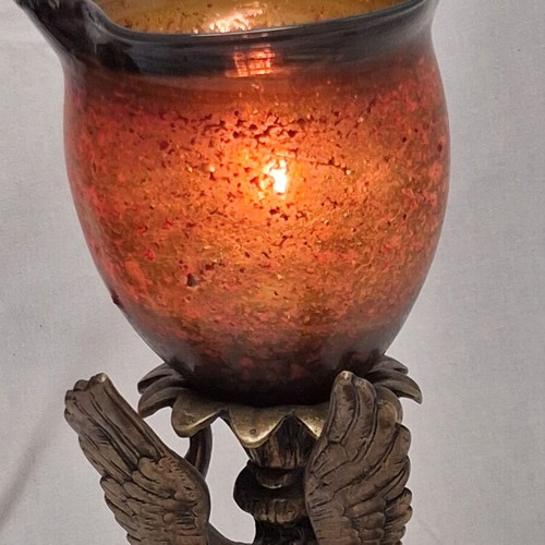 Art Nouveau table lamp with winged female figure and artistic glass shade