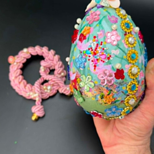 Handmade decorative plastic egg with floral design and beads, new