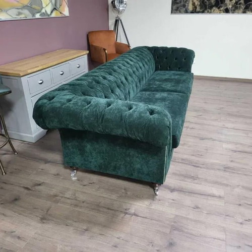 Large green Chesterfield fabric sofa new, four-seater