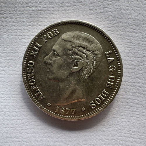 Spain 5 Pesetas 1877 Silver Coin Alfonso XII used