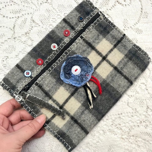 Checked Gray Felt Handmade Toiletry Bag New with Zipper