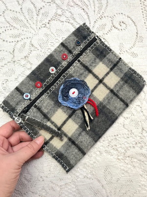 Checked Gray Felt Handmade Toiletry Bag New with Zipper