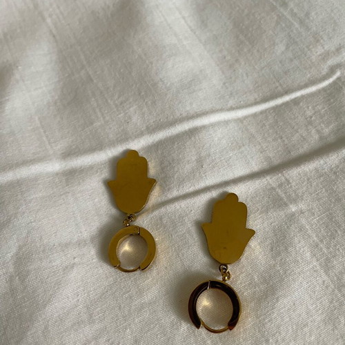 Gold earrings with Fatima hand design and black, blue, white details, new