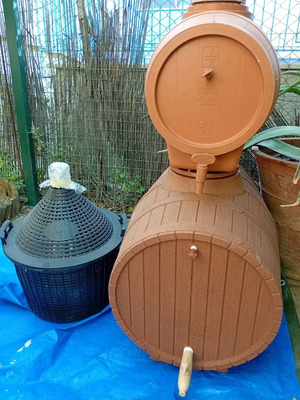 Plastic barrels 100 lt and 50 lt with 25 lt glass demijohn