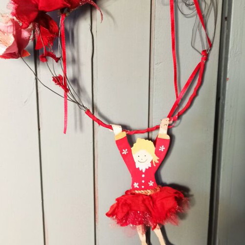 Handmade hanging decorative figure with fabric flowers like new