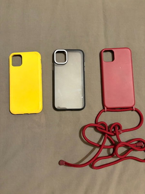 Σετ 3 θήκες για iPhone 11 σαν καινούργιο, διάφανη, κίτρινη και κόκκινη με λουράκι