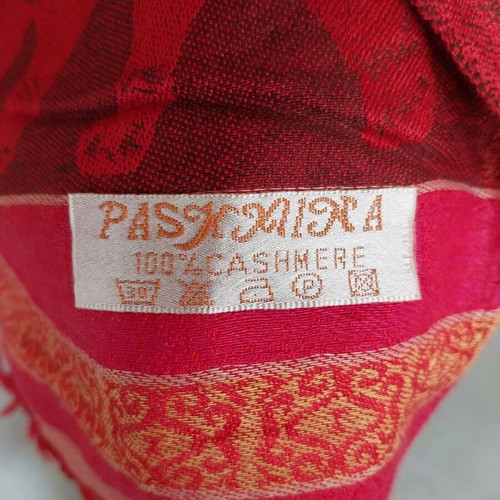 Indian cashmere scarf used, red and pink shades with elephants
