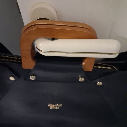 Elizabeth George Handheld Bag Black Like New with Wooden Handle and Strap