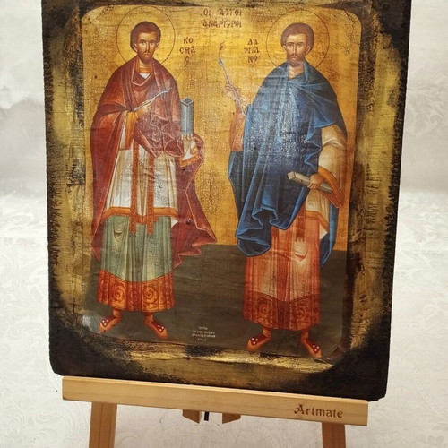 Handmade Orthodox icon of Saints Cosmas and Damian new