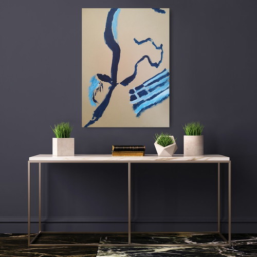 F for Freedom Abstract Blue Original Acrylic Painting 102x72 cm new