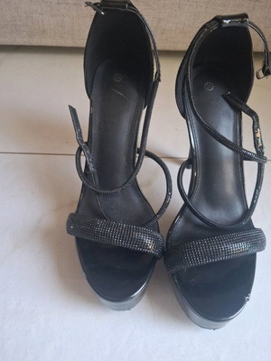 Black high-heeled sandals with rhinestones like new, size 38