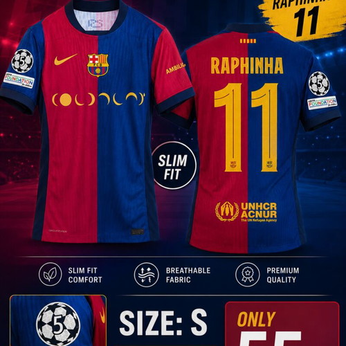 Barcelona home 2024/25,player version with name:Raphinha no.11 and CL patch,size S