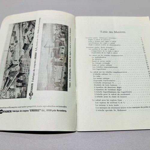 Faber Castell logarithmic rules instructions used, 1933, French
