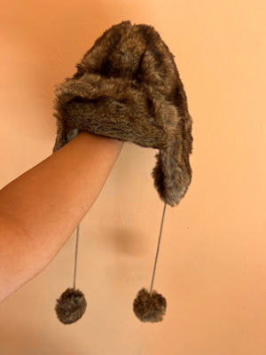 Winter fluffy hat with ear flaps and pompoms new, brown size M