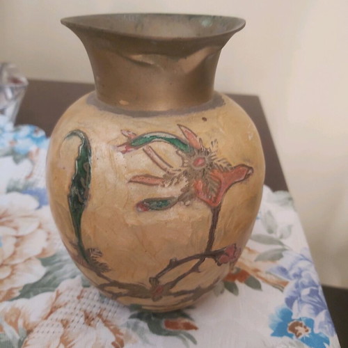 Hand-painted brass vase used, slightly damaged at the rim