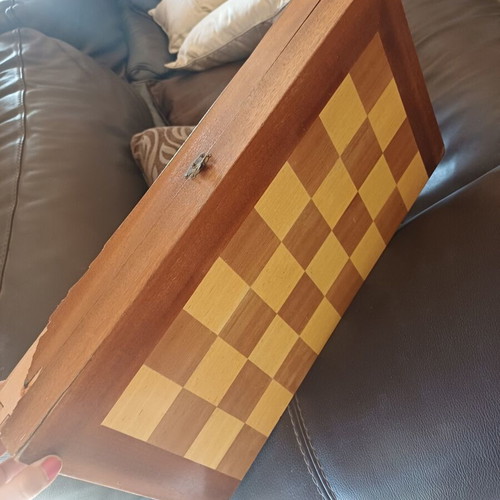 Vintage wooden 2-in-1 backgammon and chess set with checkers and dice