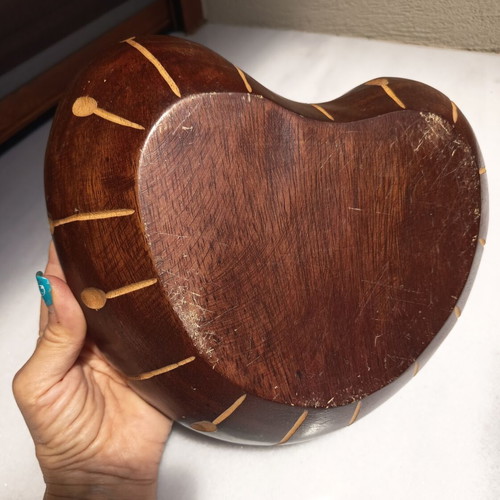 Wooden fruit bowl used, heart-shaped, brown
