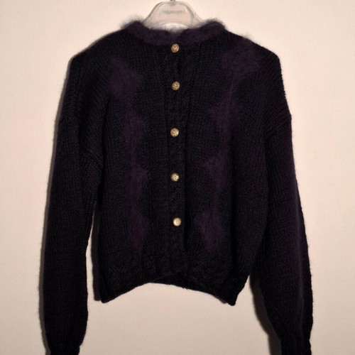 Blue wool cardigan like new with rhombus pattern and gold buttons