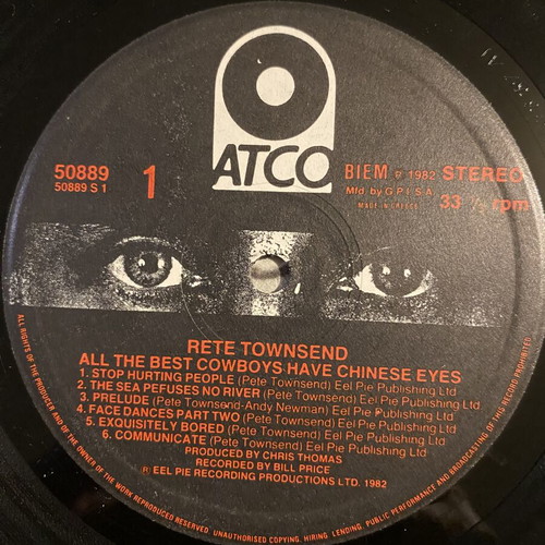 Pete Townshend Chinese Eyes LP like new, rock