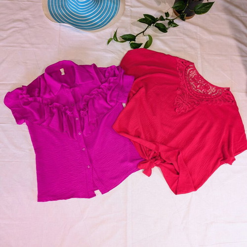Set of 2 blouses one size fuchsia and pink with ruffles and lace new