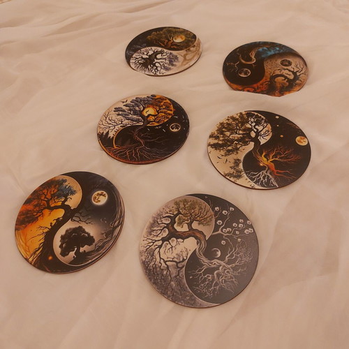 Tree of Life Yin Yang Wooden Coaster Set of 6 like new