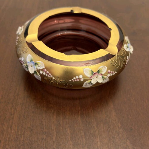 Bohemian ashtrays used, set of 2, decorated with enamel