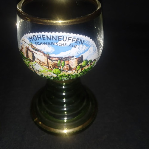 Vintage German Roemer shot glasses with Hohen-Neuffen castle design, set of 2