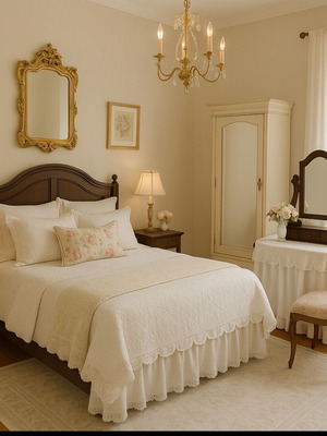 Bedroom furniture with shelves and fabric, and a wooden mirror.