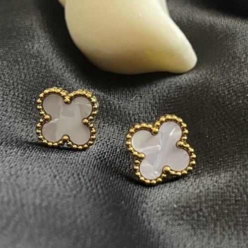 Steel earrings clover design with white enamel, new