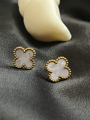 Steel earrings clover design with white enamel, new
