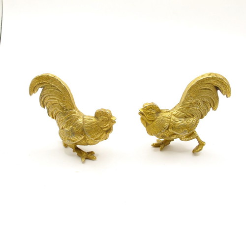 Vintage brass rooster figurines set of 2, India 1970s, like new