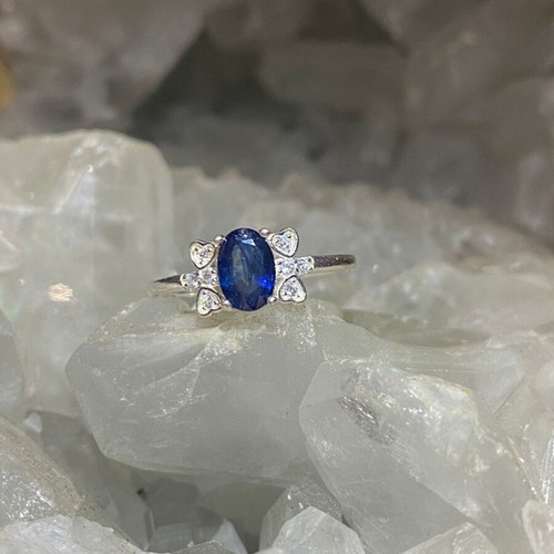 Handmade silver ring with natural blue sapphire and moissanites size 6