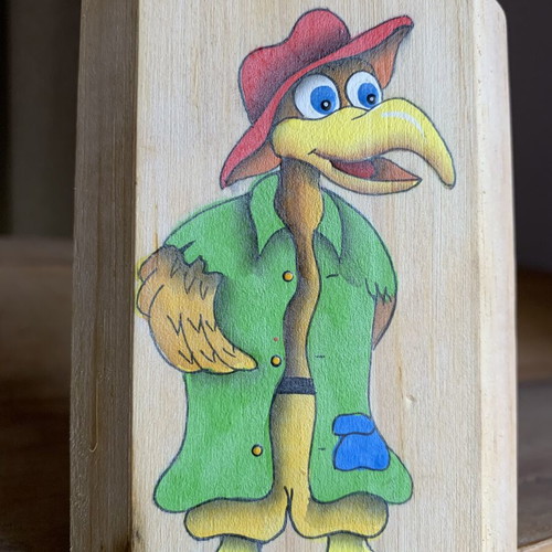 Wooden pencil holder new with vintage cartoon bird painting